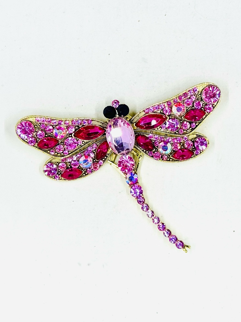Large Gold Tone & Multi Pink Fuchsia Rhinestone Dragonfly Brooch Pin 4.25”X3.5”